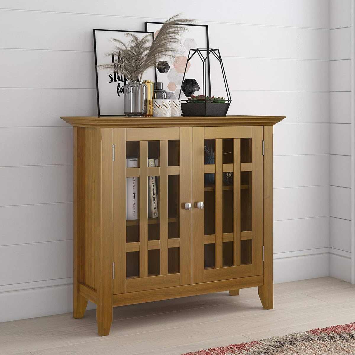 Solid Wood 32 inch Low Storage Media Cabinet with 2 Tempered Glass Doors D940