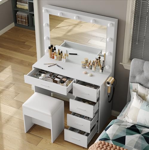 White Vanity Desk with Mirror and 11 Drawers A686