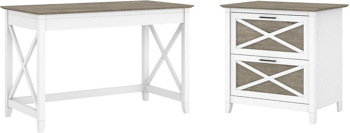 Linen White Oak Writing Desk with File Cabinet E173793