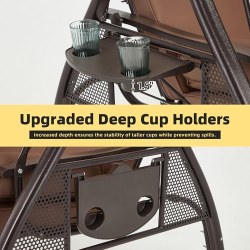 3 Person Outdoor Porch Swing with Cup Holder, Canopy, Cushions H479642