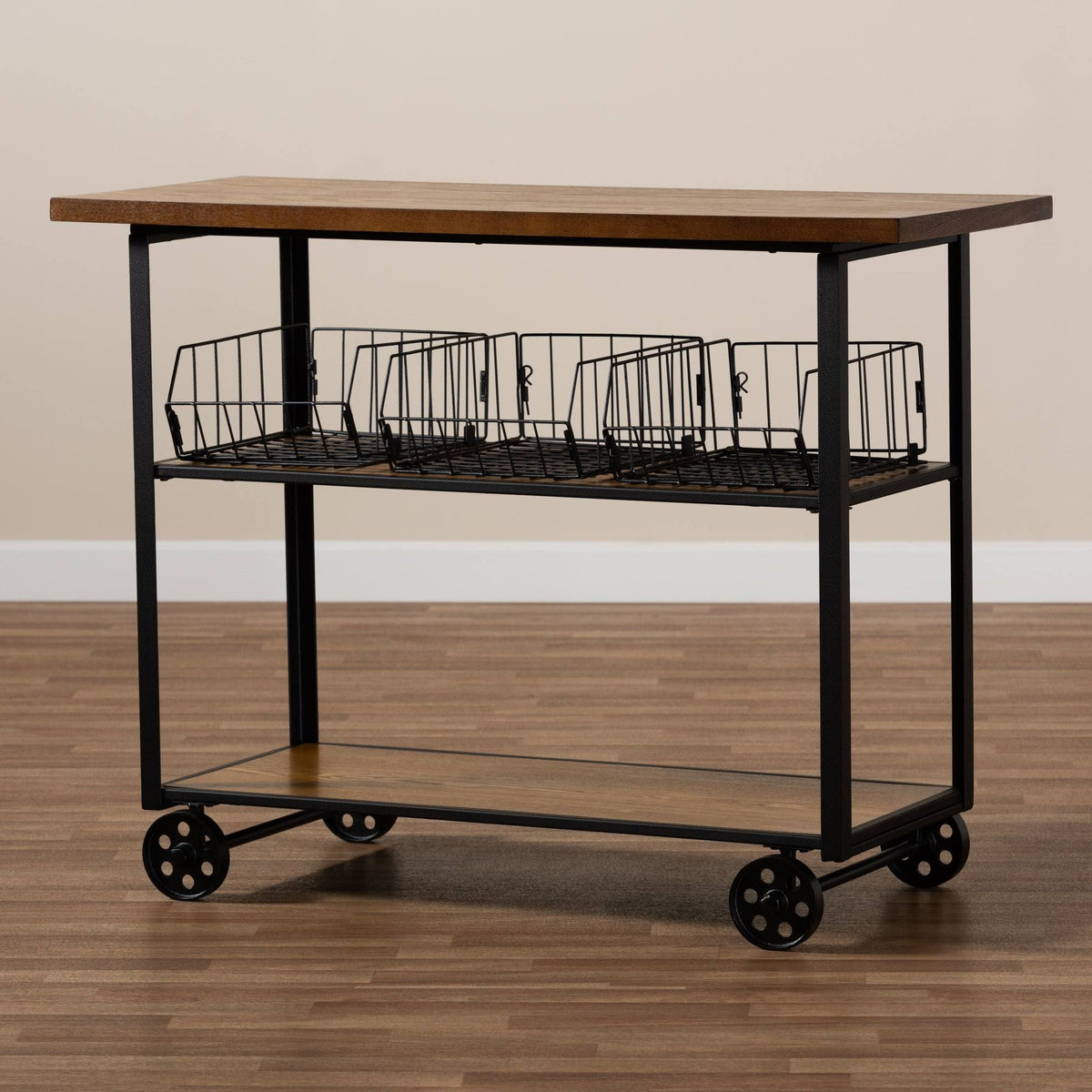 Walnut Brown Finished Wood and Black Finished Metal Console Cart J56962