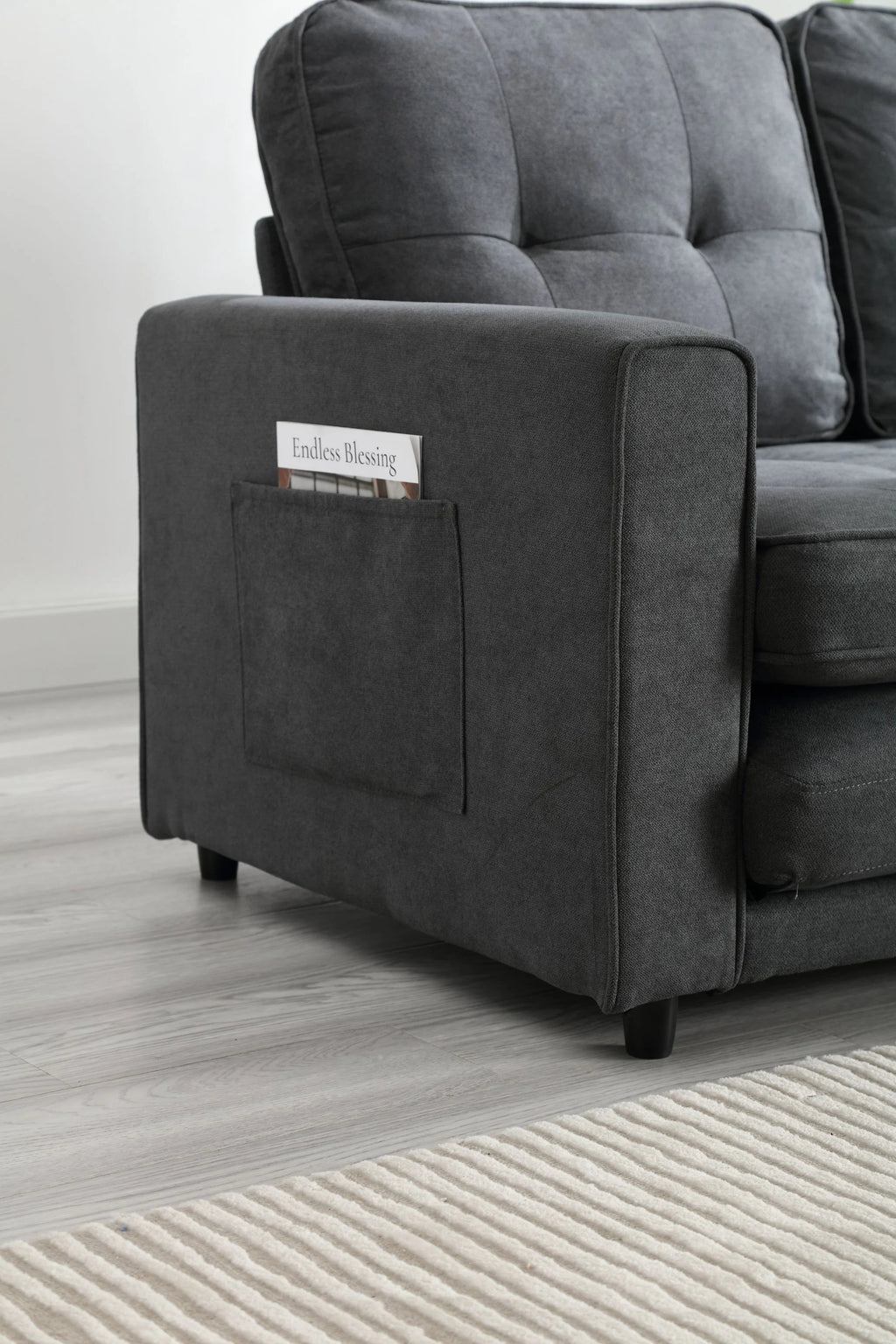 Dark Gray Convertible Double Sofa Bed with 2 Side Pockets D67399