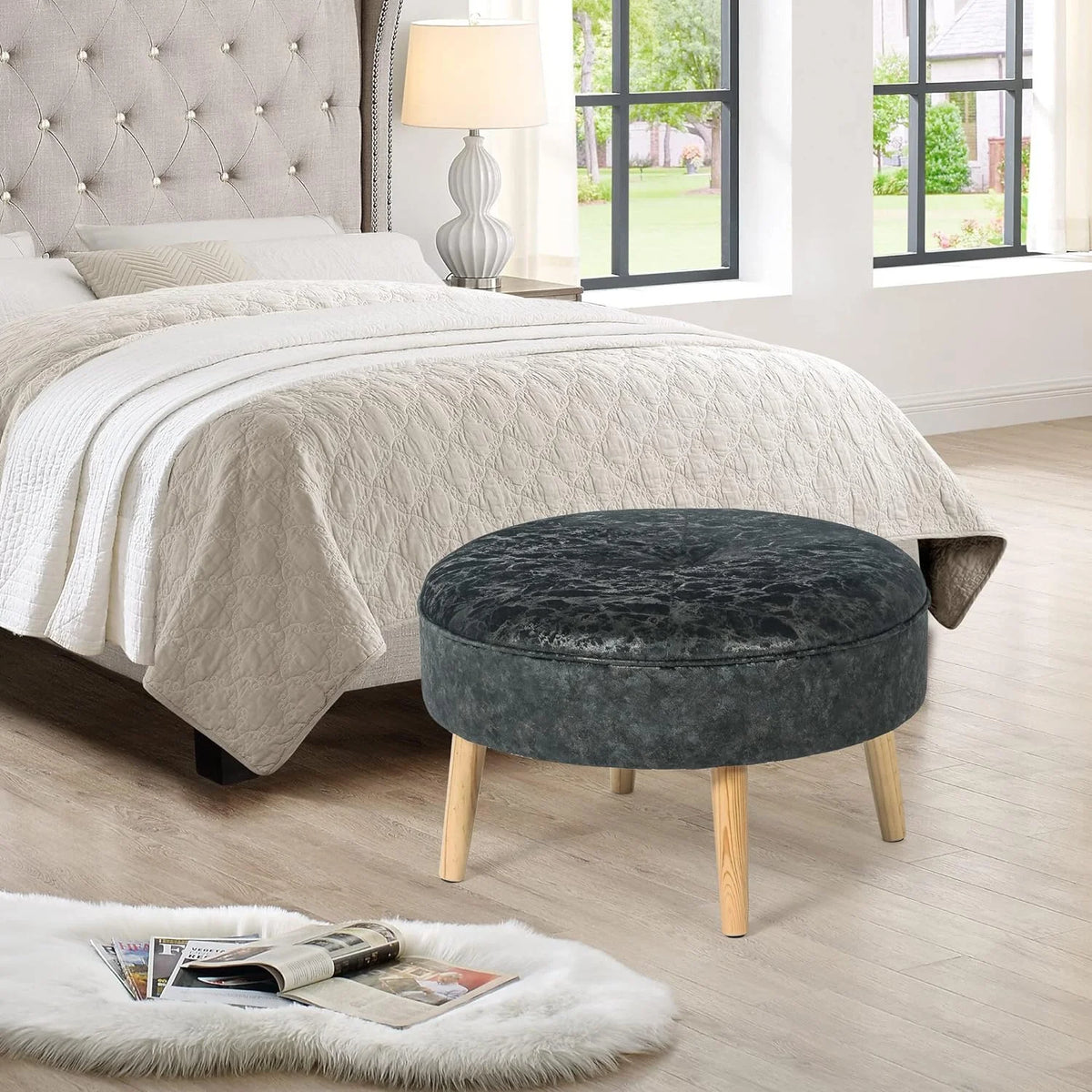 Small Round Velvet Ottoman with Wooden Legs L6725