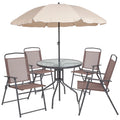 6-Piece Patio Set with Glass Table, Umbrella, and 4 Folding Chairs, Black T737