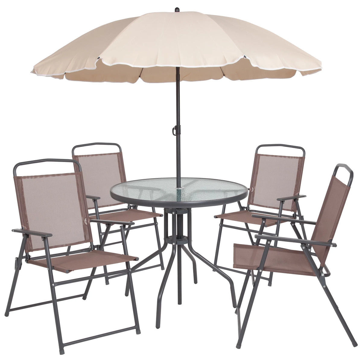 6-Piece Patio Set with Glass Table, Umbrella, and 4 Folding Chairs, Black T737