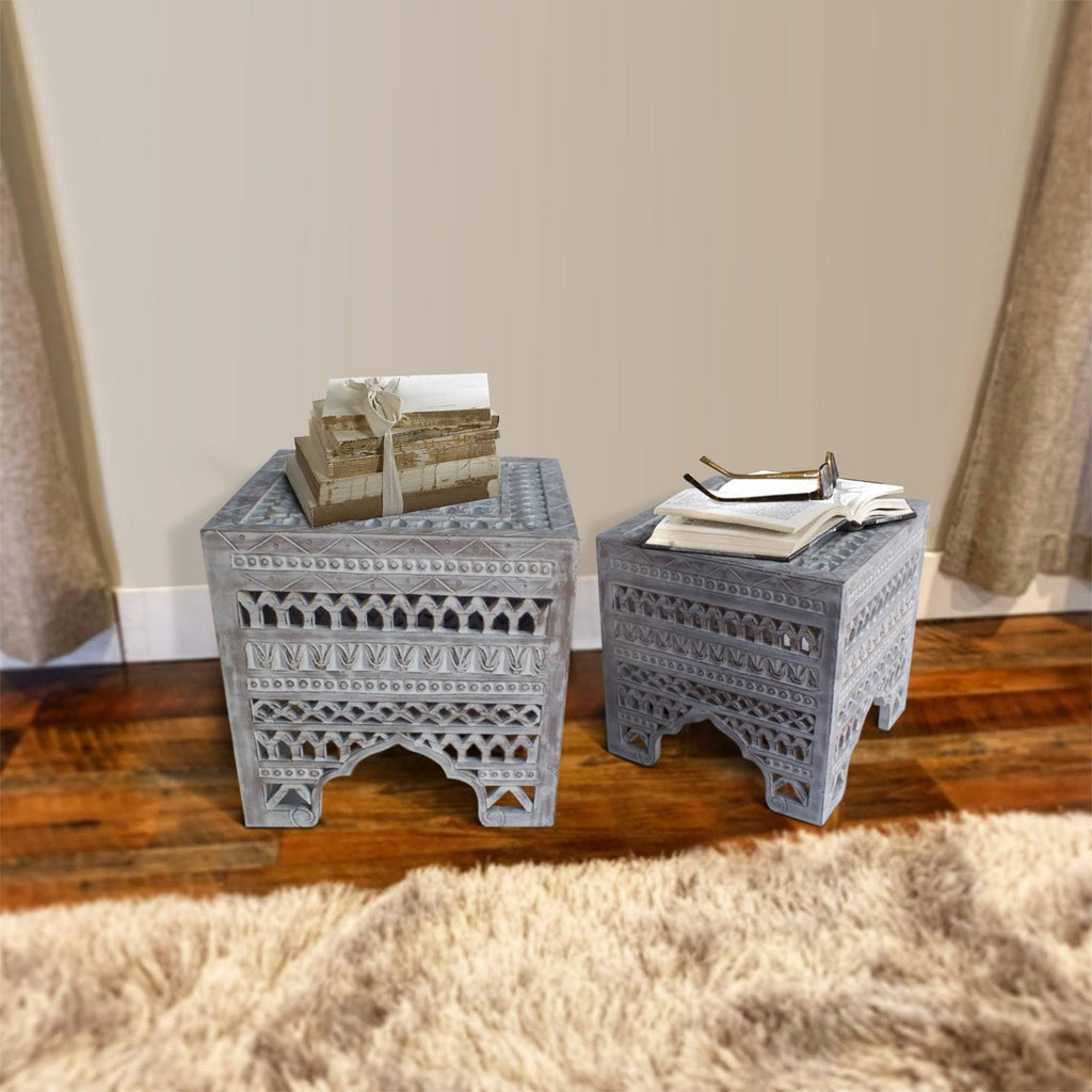 Set of 2 Washed White Mango Wood Stool W458852