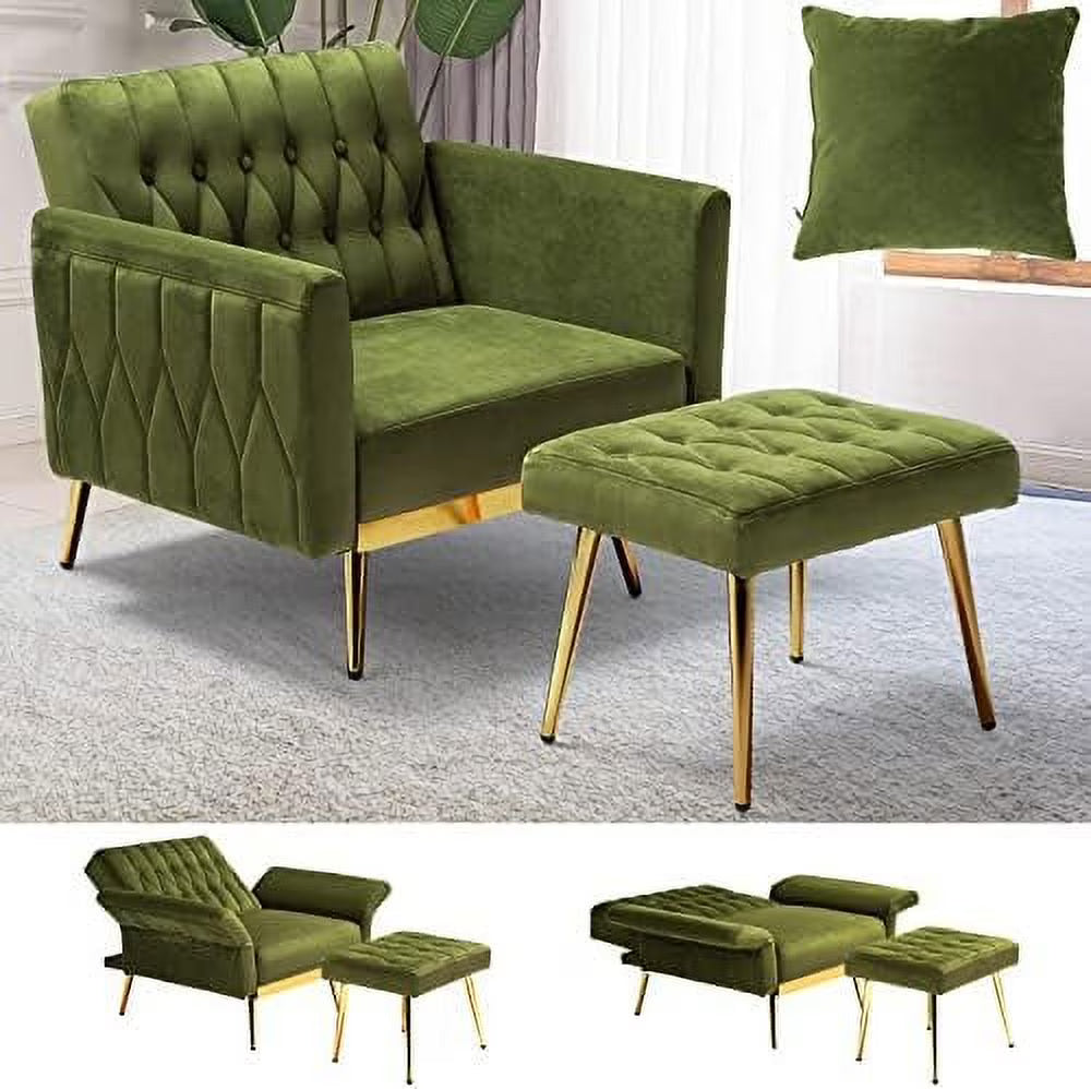 Olive Green Velvet Single Recliner Armchair with Ottoman and Pillow O28773