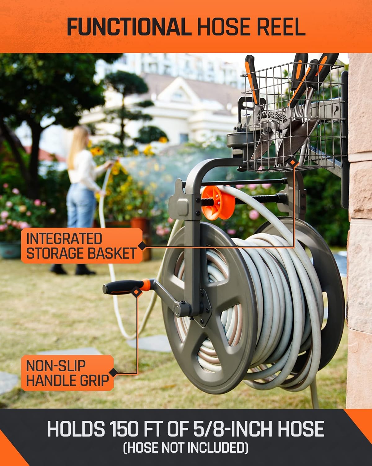 Wall Mounted Metal Hose Reel with Detachable Basket B71558