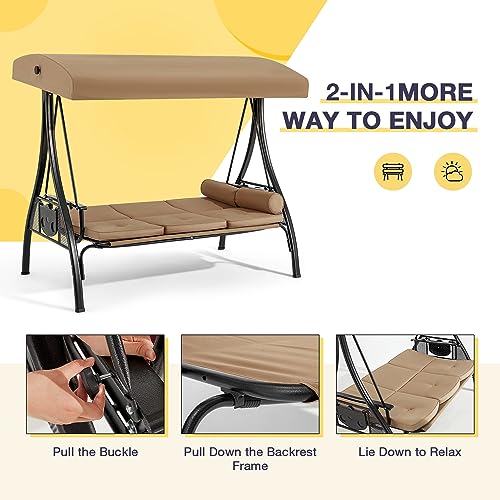 3 Person Outdoor Porch Swing with Cup Holder, Canopy, Cushions H479642
