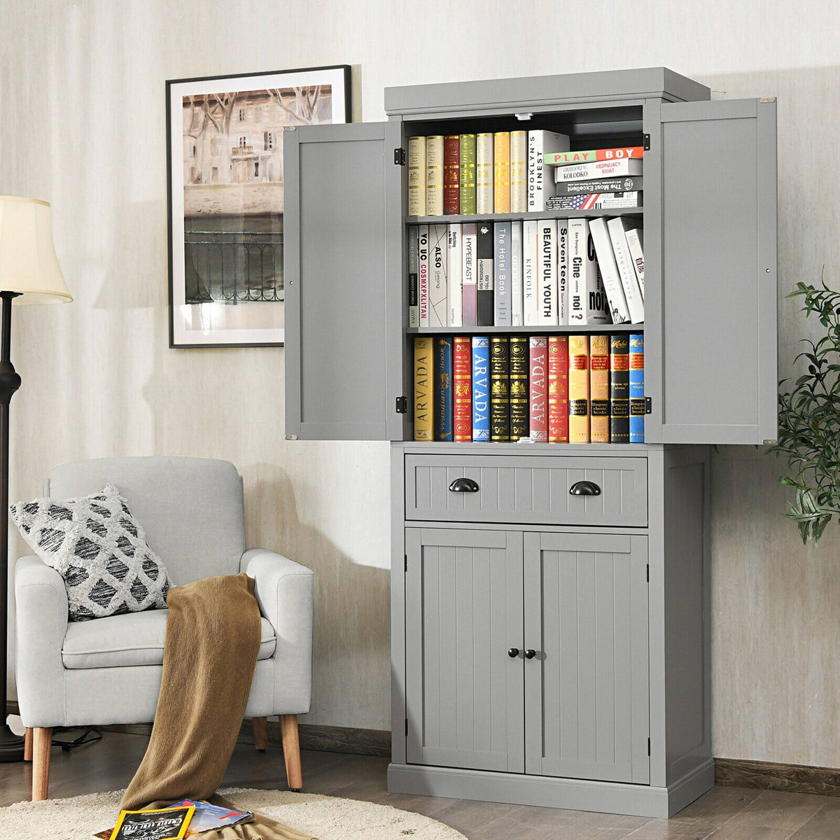 Grey Freestanding Kitchen Cabinet Pantry Cupboard with Shelves J541
