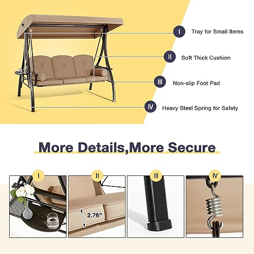 3 Person Outdoor Porch Swing with Cup Holder, Canopy, Cushions H479642