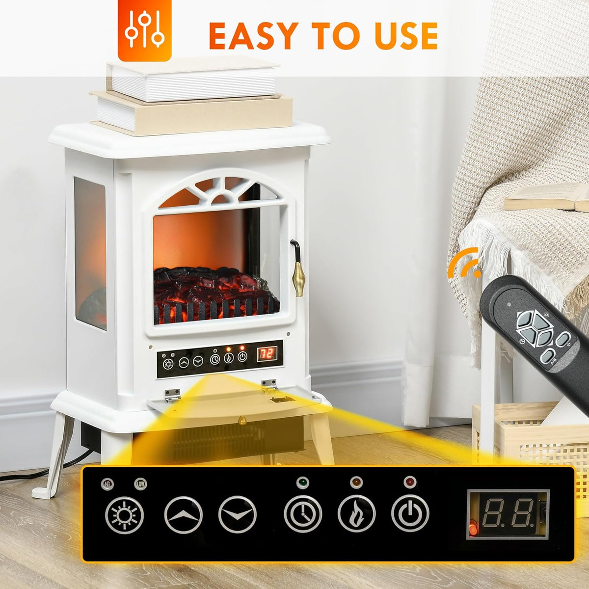 White Electric Infrared Fireplace Stove with Realistic Log Flame F2421