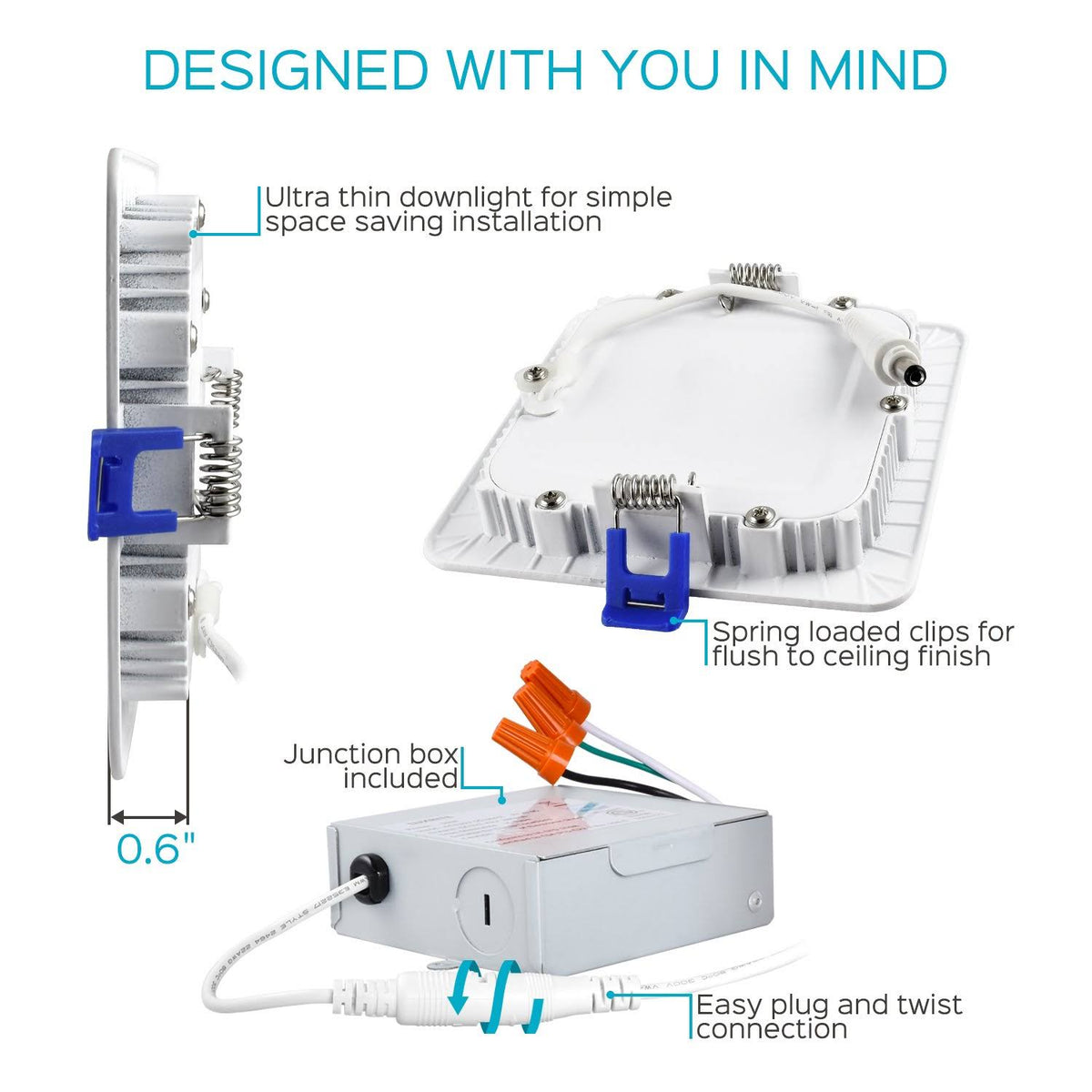4 inch Square Ultra Thin LED Recessed Light with Junction Box, 10W, 5000K Dimmable, 650 Lumens O342895