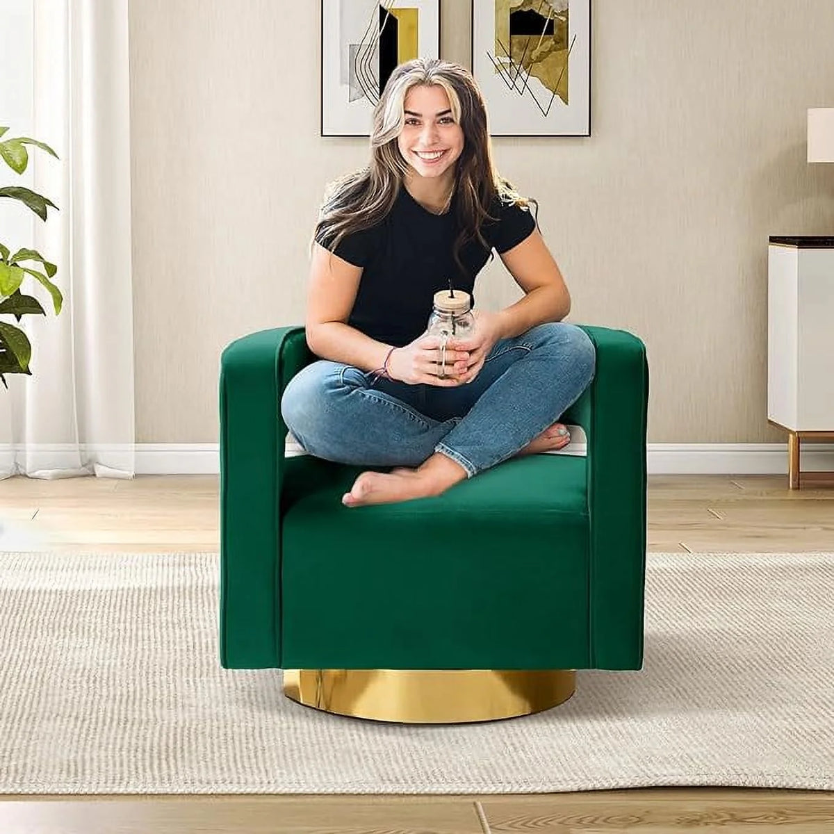 Green Velvet Swivel Accent Chair with Gold Metal Base D182364