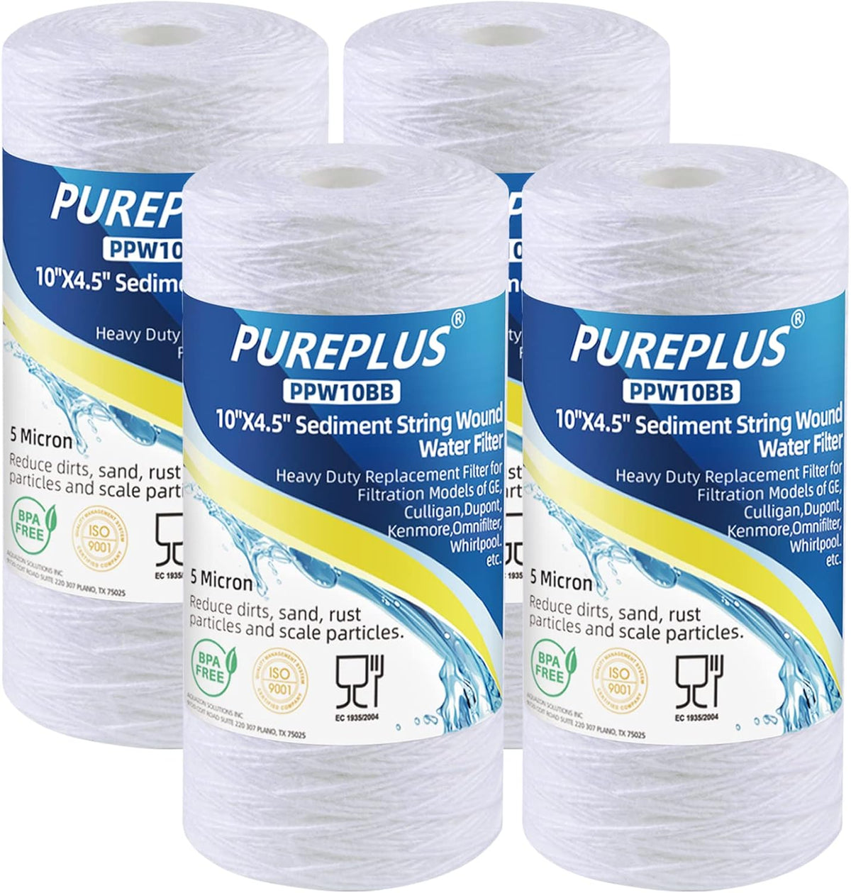 5 Micron 4.5 x 10 Whole House String Wound Sediment Filter Replacement Cartridge, 4 Pack D1438