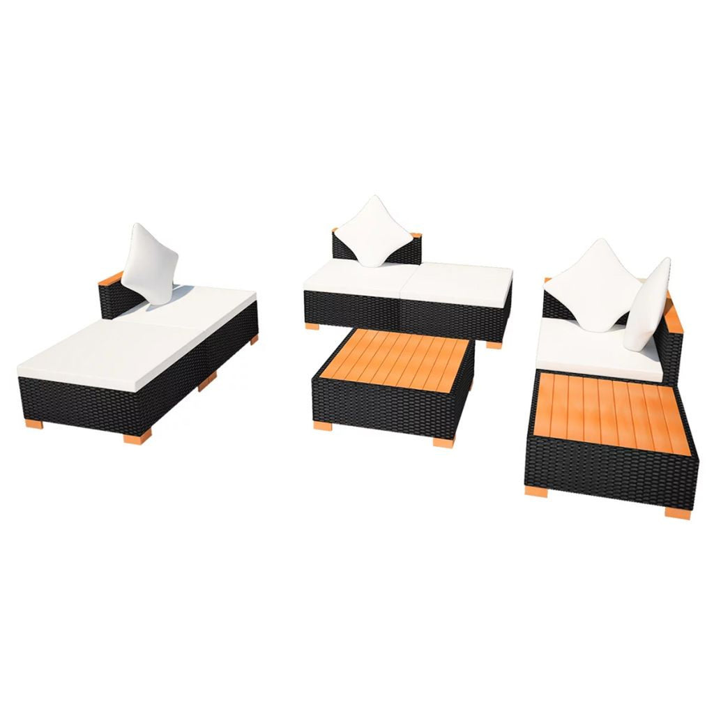 7 Piece Outdoor Sectional Sofa Set with Coffee Table and Ottoman Black Poly Rattan E45842