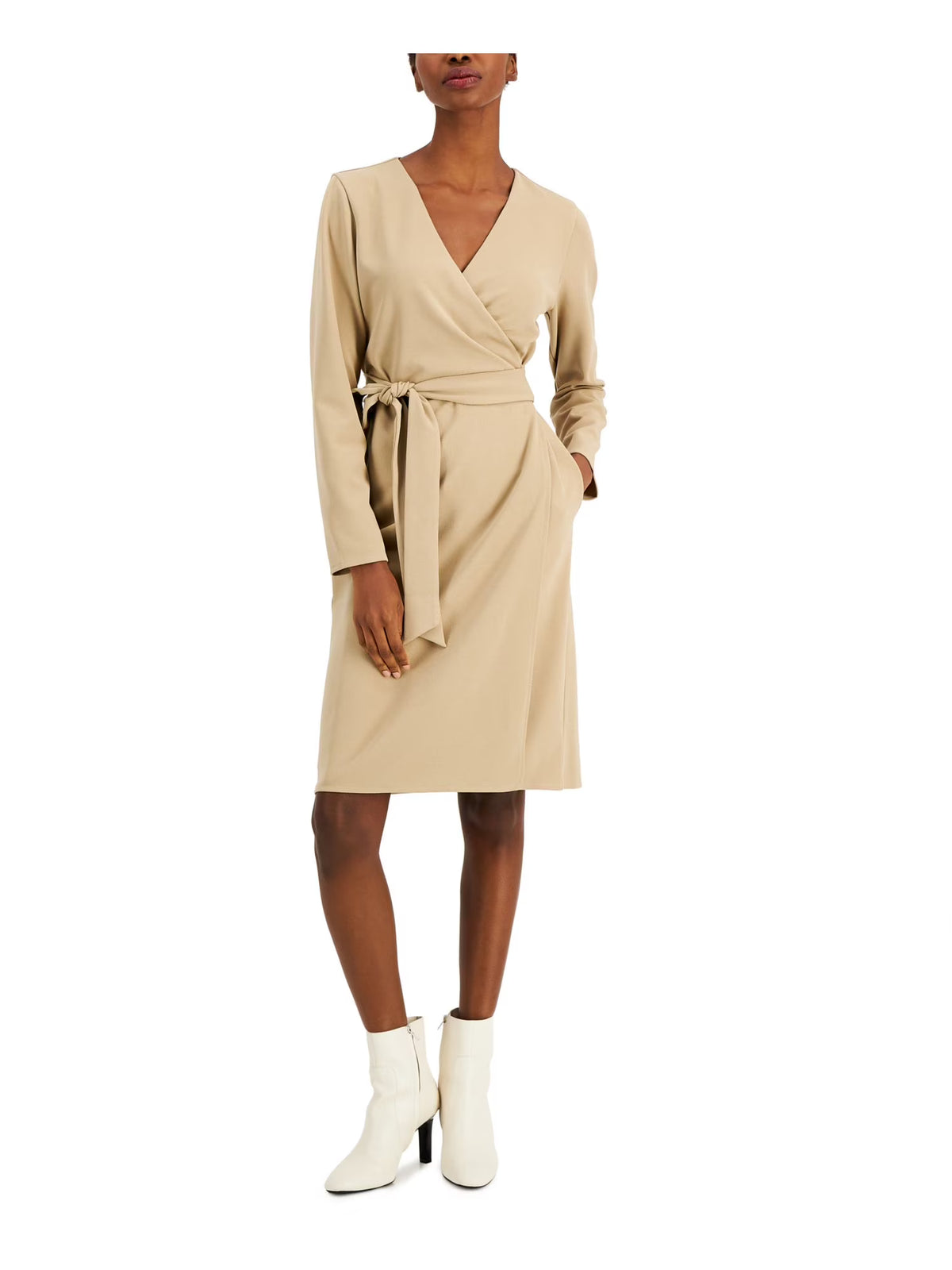 Brown Belted Long Sleeve Surplice Neckline Wrap Dress Petites W7306