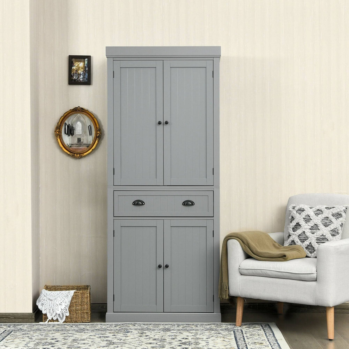 Grey Freestanding Kitchen Cabinet Pantry Cupboard with Shelves J541