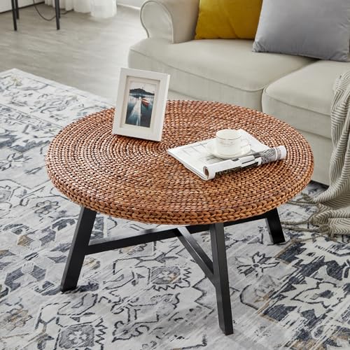 Natural Seagrass Round Coffee Table with Solid Wood Base, 32 x 17 Inches B733834