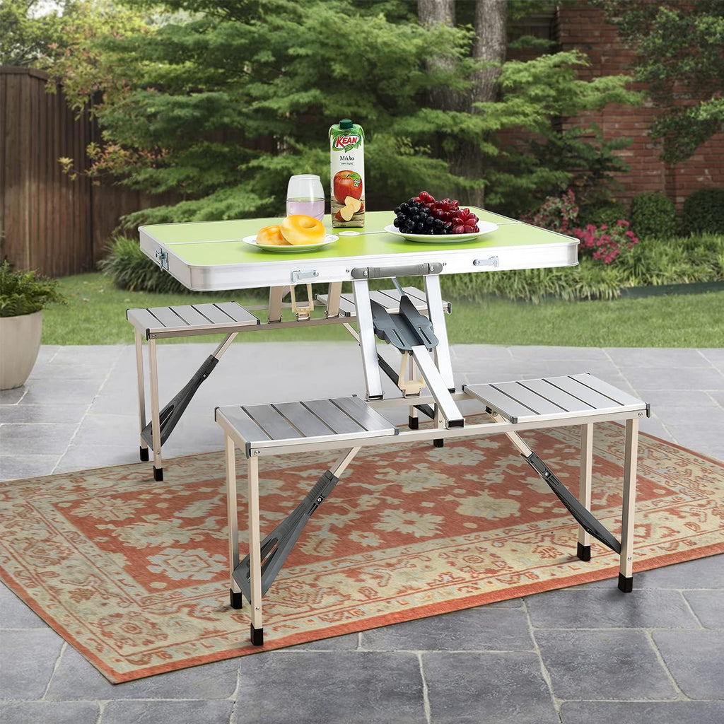 Green Folding Camping Table with 4 Seats Set, Aluminum, 33.8x26.4x26.4 inch W2016