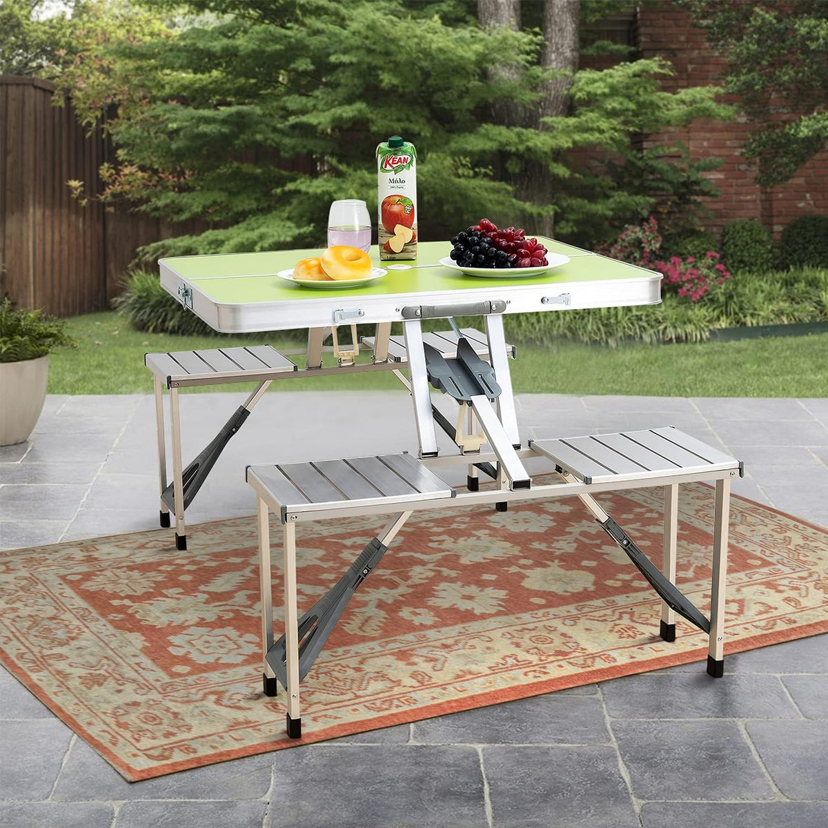 Green Folding Camping Table with 4 Seats Set, Aluminum, 33.8x26.4x26.4 inch W2016