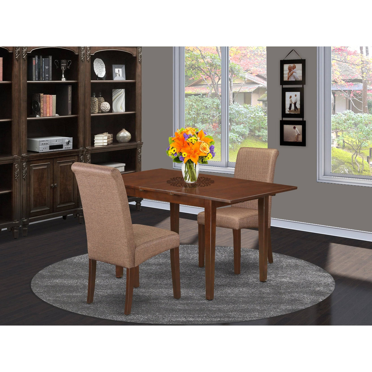 3PC Kitchen Table with Linen Brown Fabric Parson Chairs with Mahogany Chair Legs V15633