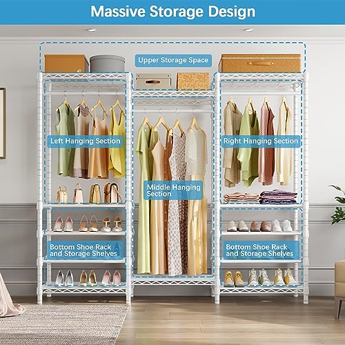 White Heavy Duty Garment Rack with Adjustable Shoe Rack Wire Shelf X2579