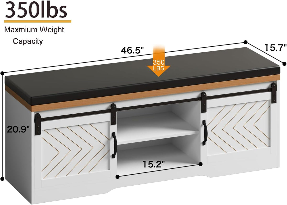 Shoe Storage Bench with Padded Seat Cushion and Sliding Barn Doors R25361