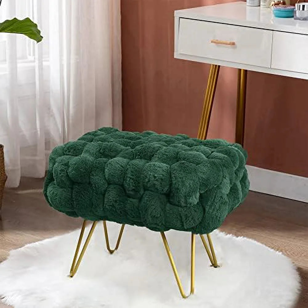 Pink Soft Faux Ottoman Fuzzy Bench Seat 27"x20"x19" Sturdy Accent Coffee Table Fluffy Shoe Stool with Golden Legs M737