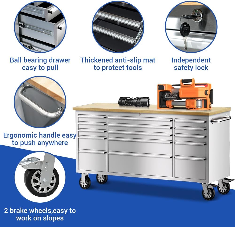 15 Drawer Stainless Steel Rolling Tool Chest with Wheels and Wood Top A341295