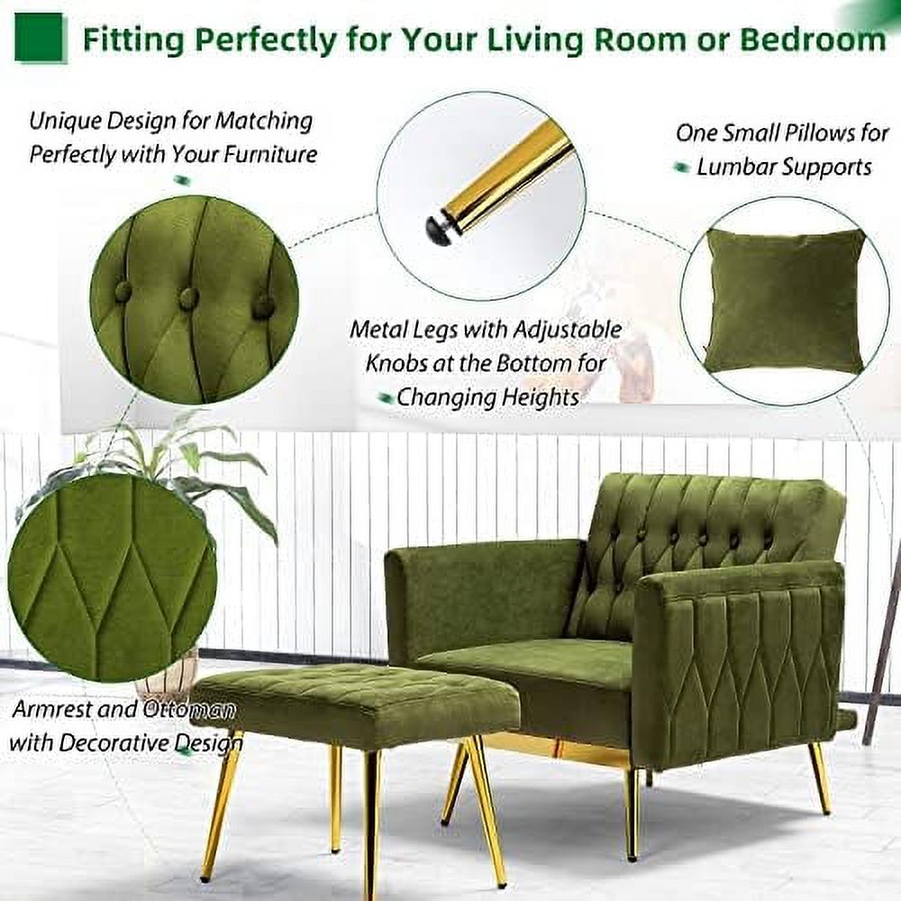 Olive Green Velvet Single Recliner Armchair with Ottoman and Pillow O28773