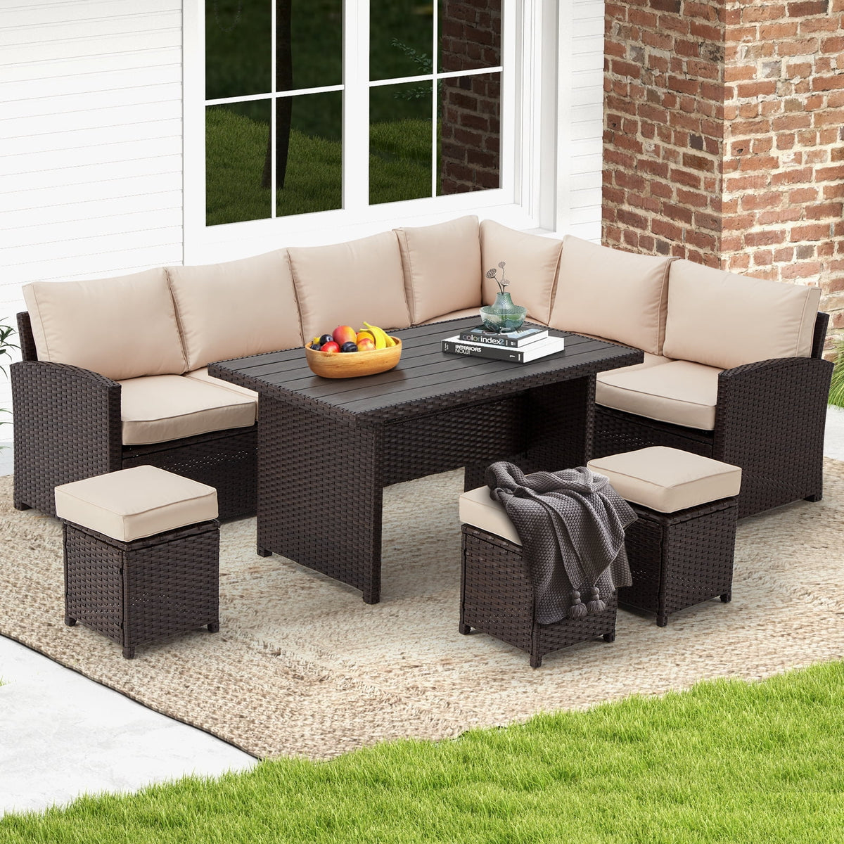 7-Piece Rattan Wicker Sectional Sofa and Dining Table Set A808