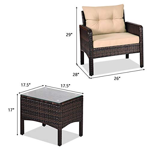 3 Piece Brown Rattan Patio Furniture Set with Cushions E106970