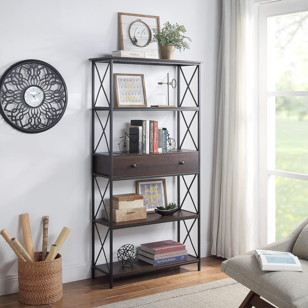 5-Tier Walnut Finish Metal Bookcase with Drawer O2373