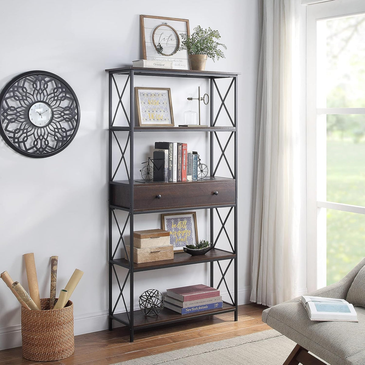 5-Tier Walnut Finish Metal Bookcase with Drawer O2373