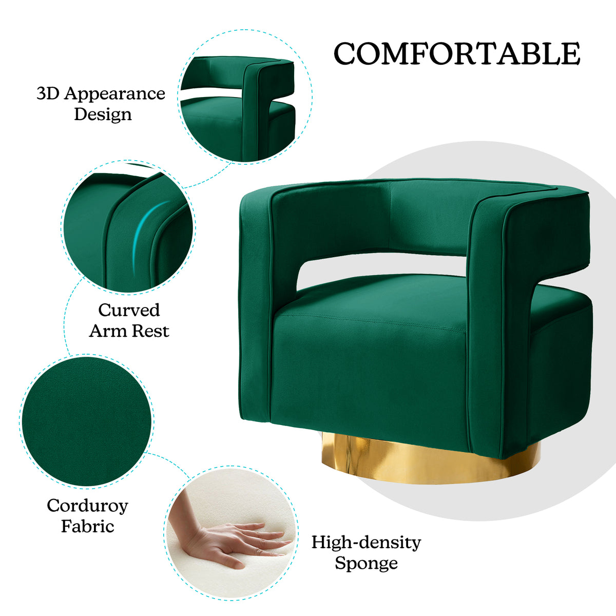 Green Velvet Swivel Accent Chair with Gold Metal Base D182364
