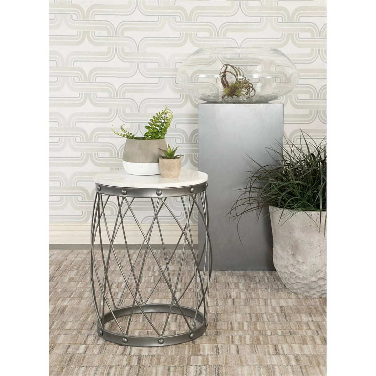 Round Accent Table with Marble Top White and Black W62994