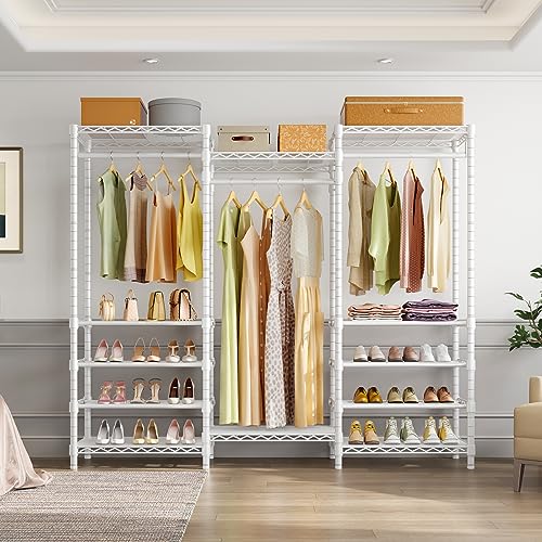 White Heavy Duty Garment Rack with Adjustable Shoe Rack Wire Shelf X2579