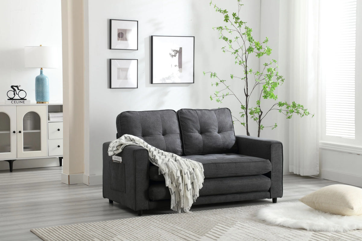 Dark Gray Convertible Double Sofa Bed with 2 Side Pockets D67399