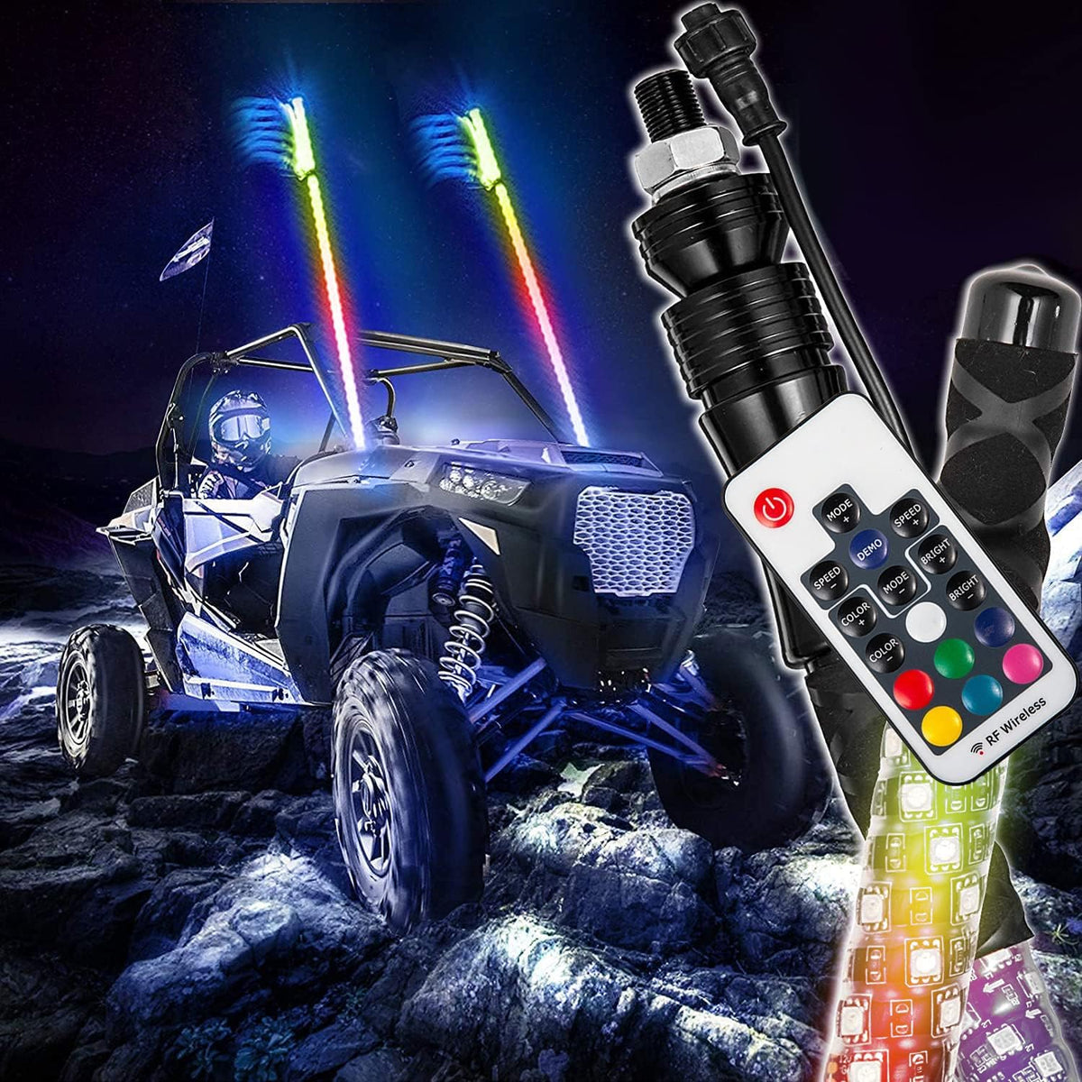 2PC 3FT 360° Spiral LED Whip Lights RGB Color Weatherproof with RF Wireless Remote T536379