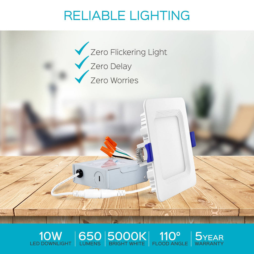 4 inch Square Ultra Thin LED Recessed Light with Junction Box, 10W, 5000K Dimmable, 650 Lumens O342895