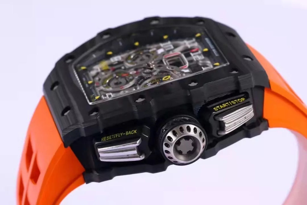 Skeleton Dial Black Bezel Orange Rubber Strap O555