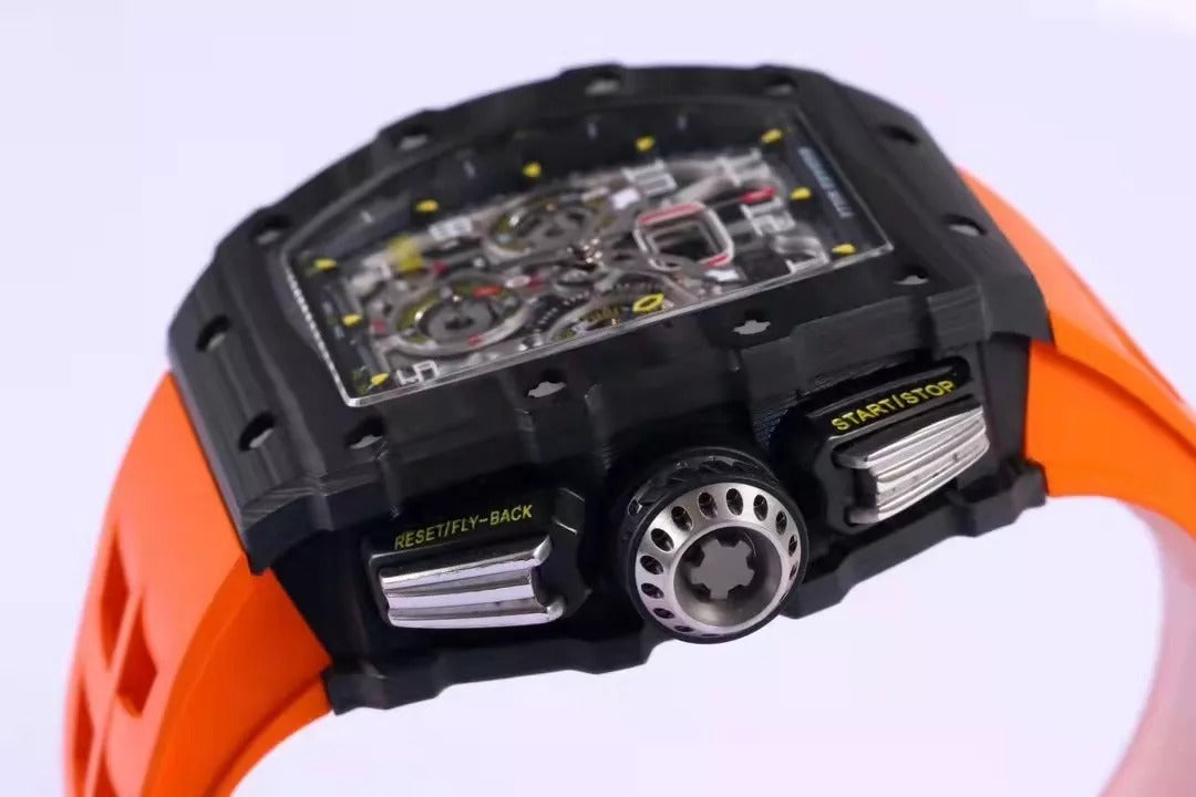 Skeleton Dial Black Bezel Orange Rubber Strap O555