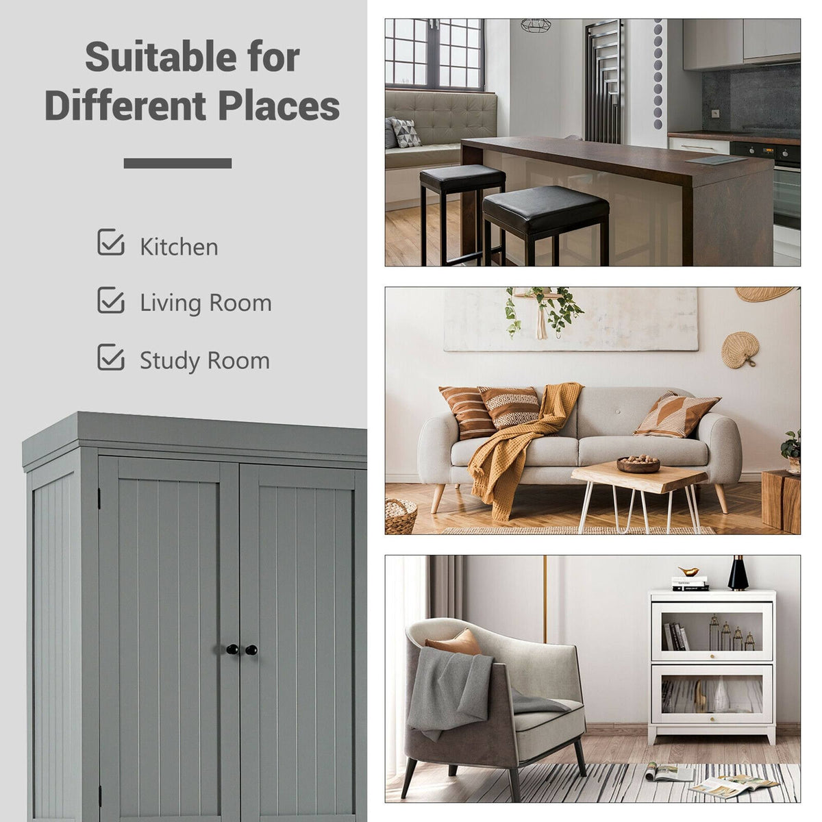 Grey Freestanding Kitchen Cabinet Pantry Cupboard with Shelves J541