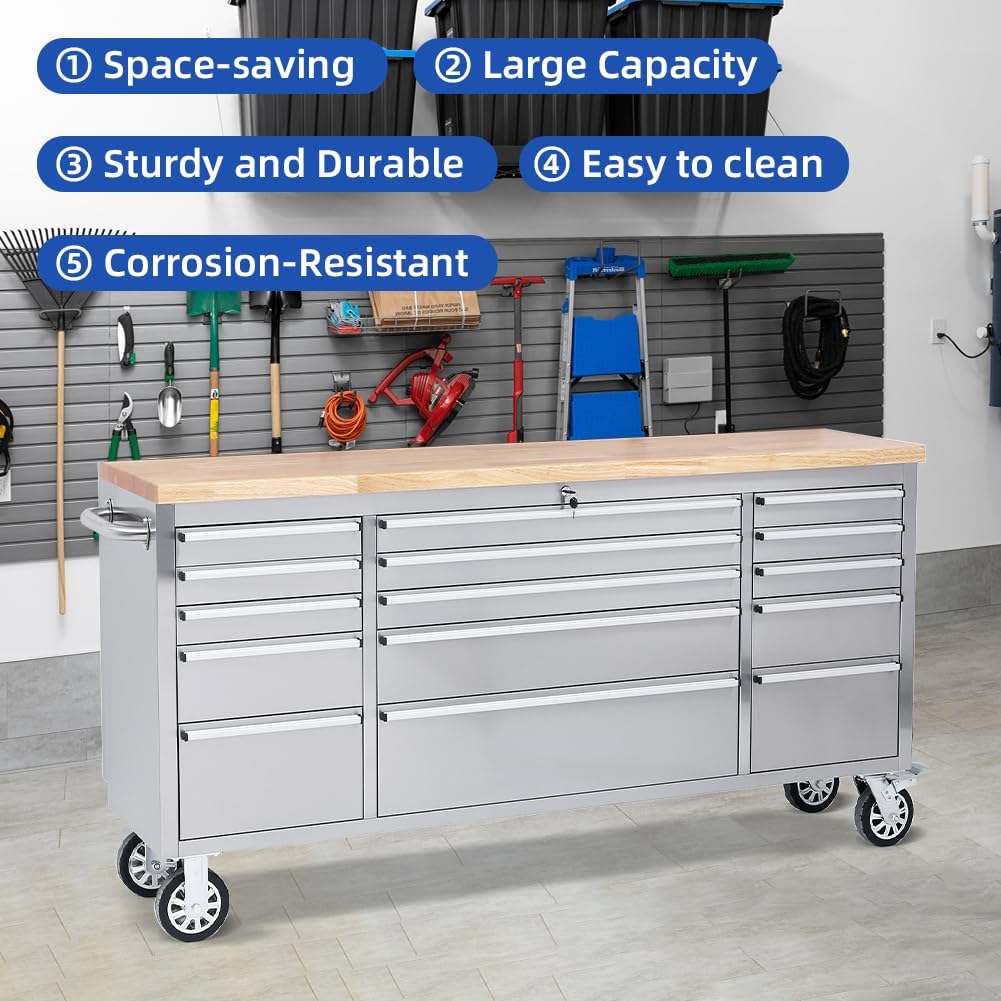 15 Drawer Stainless Steel Rolling Tool Chest with Wheels and Wood Top A341295