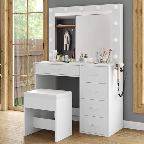 White Vanity Desk with Mirror and 11 Drawers A686
