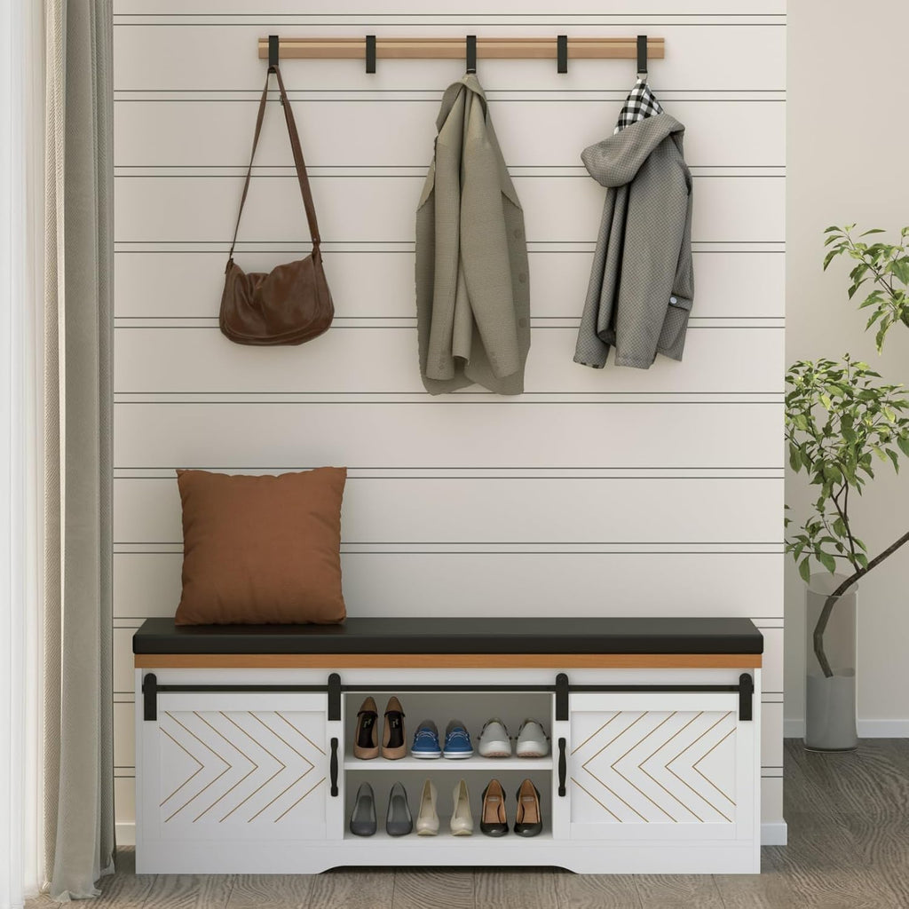 Shoe Storage Bench with Padded Seat Cushion and Sliding Barn Doors R25361