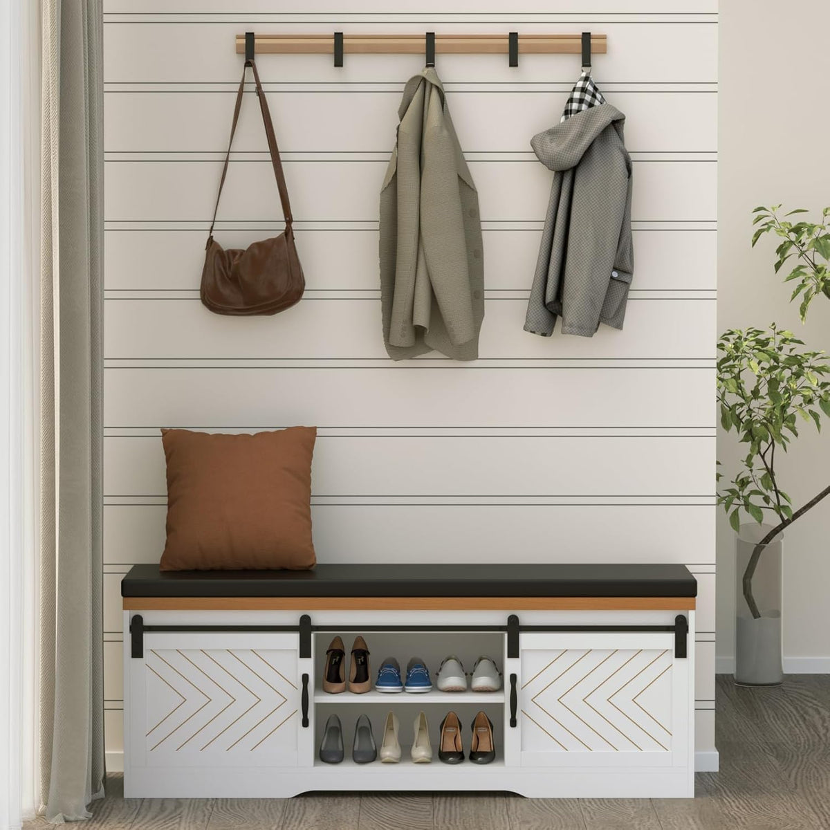 Shoe Storage Bench with Padded Seat Cushion and Sliding Barn Doors R25361