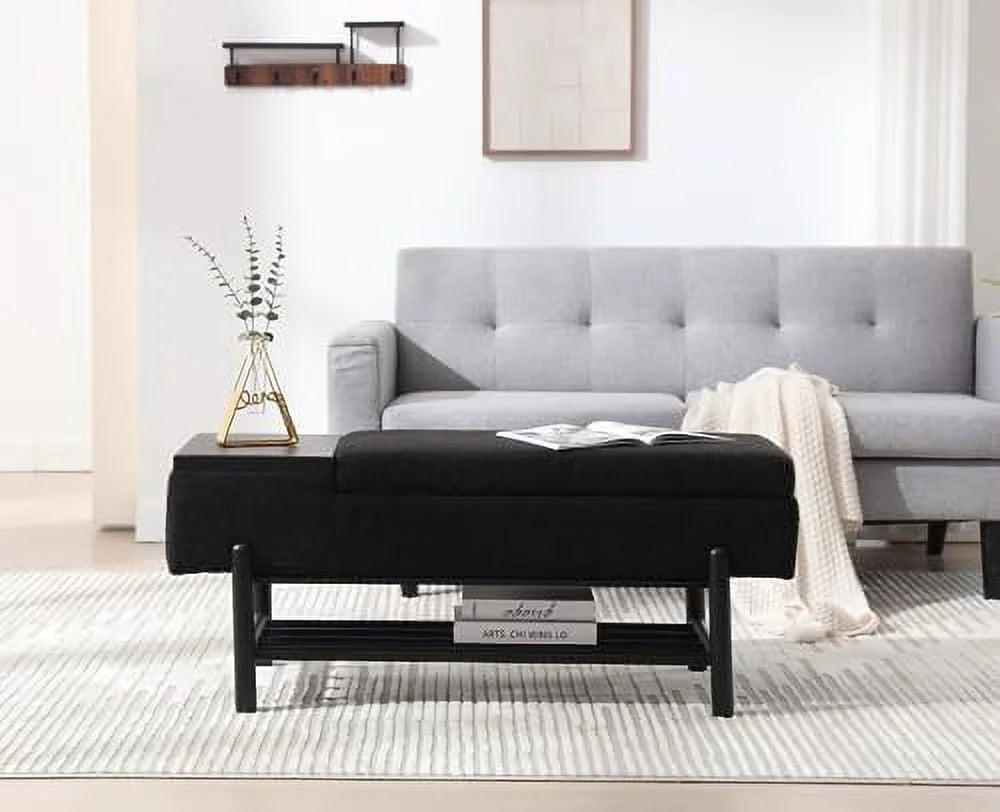 Leather Ottoman Bench with Wood Shoe 45 Inches PU Black Y7305