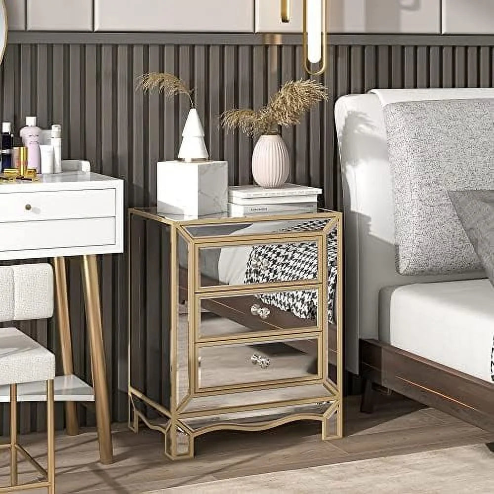 Mirrored Nightstand Bedside Table 3-Drawer Accent End Tables M6863